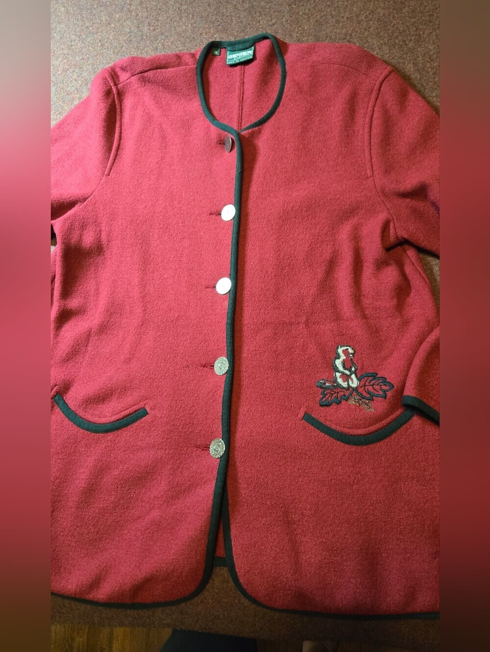 Vintage Geiger Austria Boiled Wool Cardigan With Buttons & Embroidered Decal 80s